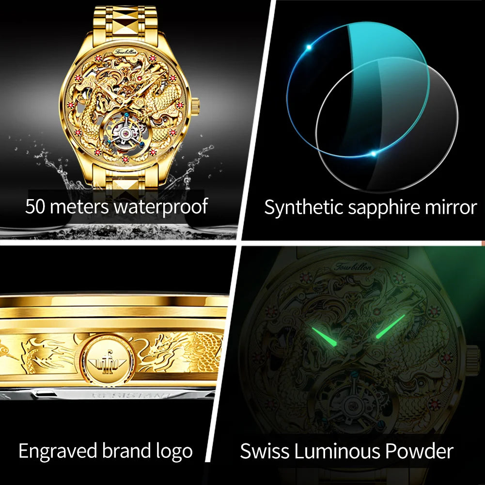 OUPINKE Men's Automatic Mechanical Tourbillon Watches Waterproof Gold Watch Male Dragon Royal Sapphire Mirror Skeleton Watch Men