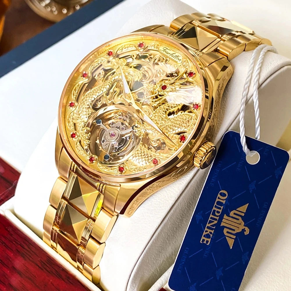 OUPINKE Men's Automatic Mechanical Tourbillon Watches Waterproof Gold Watch Male Dragon Royal Sapphire Mirror Skeleton Watch Men