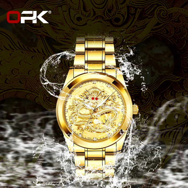 OPK Brand Men's Watches Luxury Gold Waterproof Fashion Luminous Trend Stainless Steel Strap Dragon Quartz Wristwatch Original