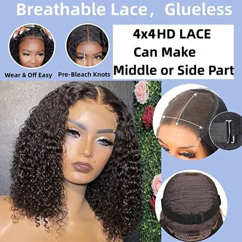 Wear and Go Glueless Wig Kinky Curly HD Lace Closure Wigs Short Curly Bob Lace Front Wigs Human Hair for Beginners Bob Wigs 180%
