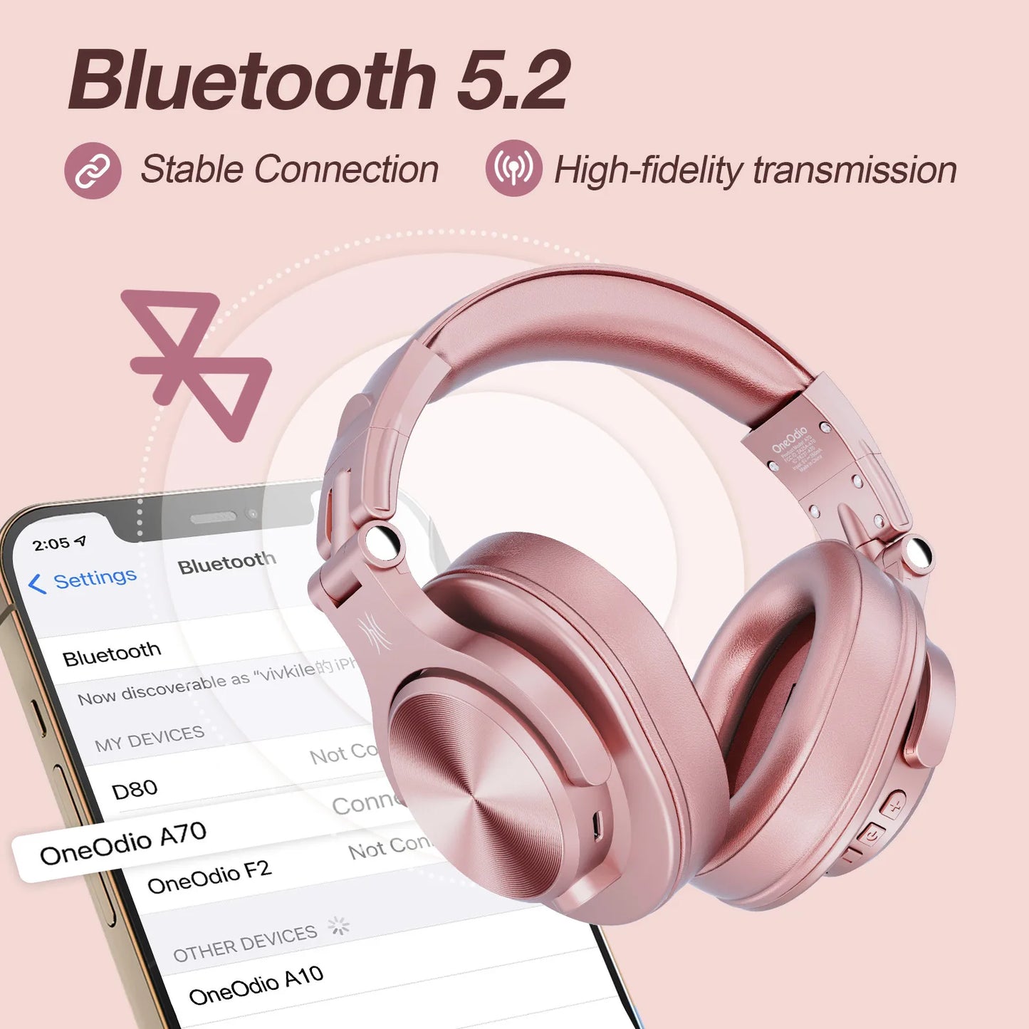 Oneodio - A70 Bluetooth 5.2 Headphones, Over Ear Wireless Headset, Professional Recording Studio DJ Headphones, 50H Playtime