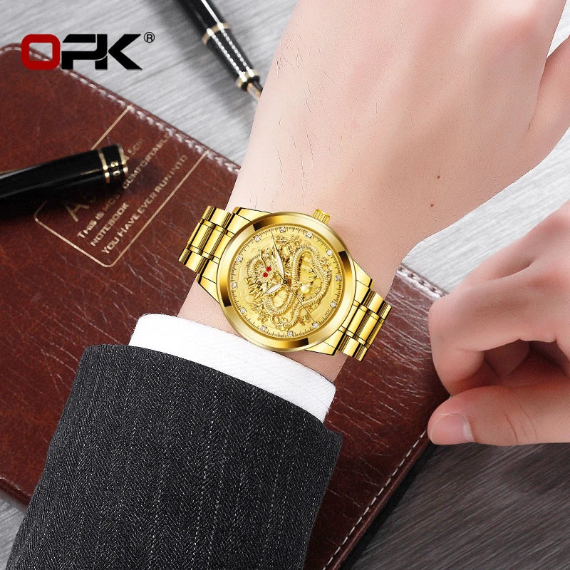 OPK Brand Men's Watches Luxury Gold Waterproof Fashion Luminous Trend Stainless Steel Strap Dragon Quartz Wristwatch Original